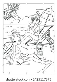 Vector libro de colorear de dos hermosas niñas relajarse en la playa junto al mar con un perro