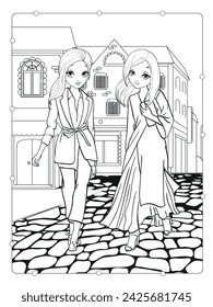 Vector coloring book of beautiful two girls walking along a paved street
