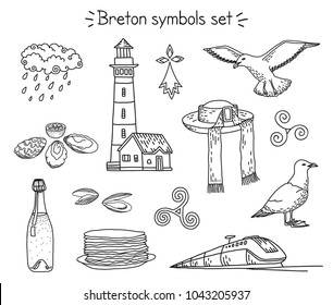 Vector coloring book breton elements: lighthouse, seagulls, traditional hut, train, cidre and crepes, oysters, mussels, rainy cloud, triskele and hermine.