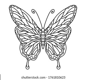 Vector coloring book with butterfly for adults and children. Coloring book with an insect with beautiful wings. Coloring page for coloring by pencils, felt-tip pens, paints or in electronic form