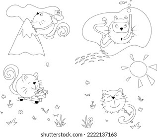 Vector coloring book of a cheerful traveler cat. He climbs a mountain, dives under water, rides a scooter, basks in the sun in sunglasses.