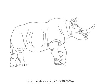 Vector coloring book for children and adults with a rhino. An endangered animal that is killed for the horn. The study of animals, line art, realistic rhino.Coloring page series Animals of Africa.