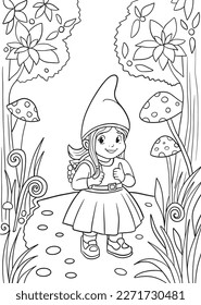 Vector coloring book for children and adults with a gnome girl in the forest with flowers and mushrooms