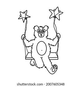 Vector coloring book for children cartoon bear on a swing among the stars. Hand drawn outline illustration in black ink.