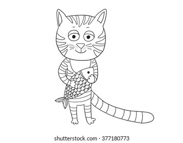 vector coloring book for children. cat and fish