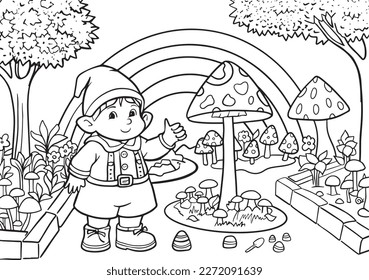 Vector coloring book for children with cute elf in the garden. Landscape with mushrooms, plants, flowers, trees and a rainbow