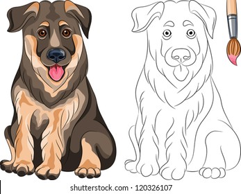 Vector Coloring Book for Children of funny smiling Puppy dog German shepherd breed