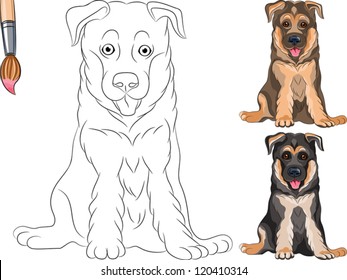 Vector Coloring Book for Children of funny smiling Puppy dog German shepherd breed