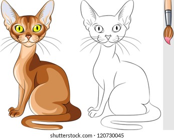 Vector Coloring Book for Children of funny serious red cat Abyssinian