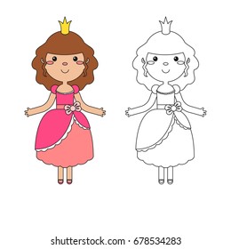 Vector coloring book for children. Coloring page outline of cartoon beautiful princess on a white background.