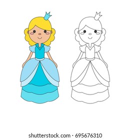 Vector coloring book for children. Coloring page outline of cartoon beautiful princess on a white background.