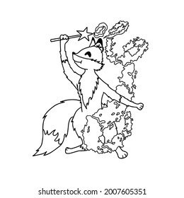 Vector coloring book for children sorceress fox conjures a magic wand. Hand drawn outline illustration in black ink.