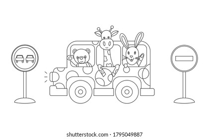 Vector coloring book for children with a typewriter and toys. Vector illustration with animals. Bus with toys and road signs. Poster with funny animals.