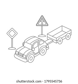Libro de colorear vectores para niños con máquina de escribir, carros y señales de tráfico. El auto está cargando la carga. Ilustración vectorial. Plantilla para colorear libro. Página de coloreo para niños.