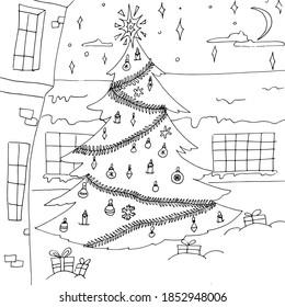 Vector coloring book with Christmas tree and balloons anti stress coloring book for adults. Drawing with black lines on a white background