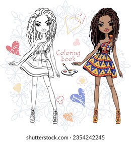 Vector Coloring Book of cute fashion african girl