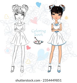 Vector Coloring Book of cute fashion asian girl