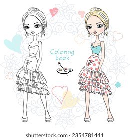 Vector Coloring Book of cute fashion blond girl