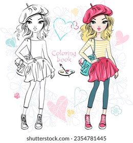 Vector Coloring Book of cute fashion blond girl