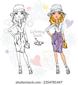 Vector Coloring Book de la linda moda chica rubia en el sombrero