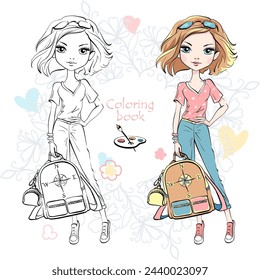 Vector Coloring Book of cute fashion blond girl traveler