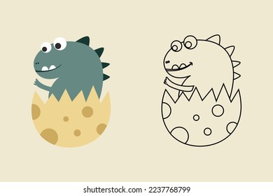 Vector of coloring book with cute little dino in egg cartoon illustration