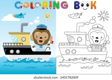 Vector coloring book with cute monkey sailor on boat