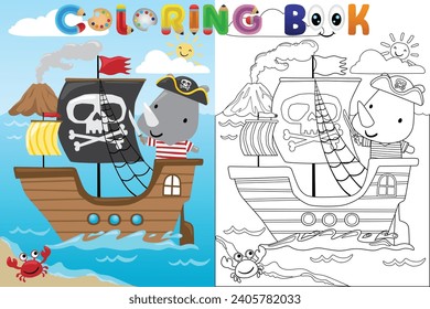 Vector coloring book with cute rhino pirate on sailboat