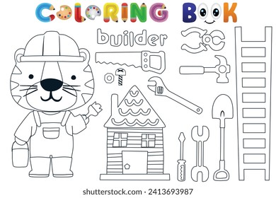 Libro de coloreado de vectores con tigre lindo en traje de constructor, ilustración de tema de constructor