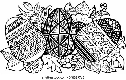 Vector coloring book. Easter eggs and flowers 