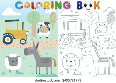 Vector coloring book with farm animals and tractor on the farm