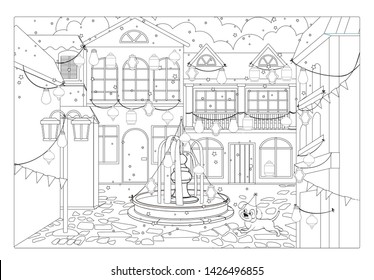 Vector coloring book of fountain near buildings decorated for holiday with flags and lanterns