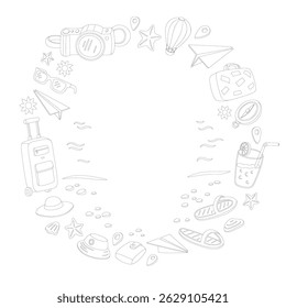 Vector coloring book frame with travel symbols and beach elements isolated on the white background