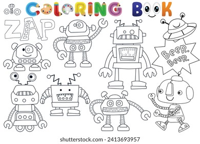 Vector coloring book with funny robots