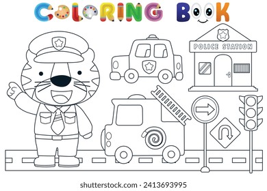 Vector coloring book with funny tiger cop and rescue team elements