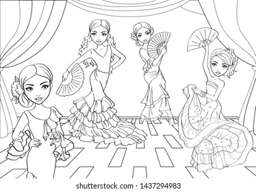 Vector coloring book of girls dance flamenco with fans on stage