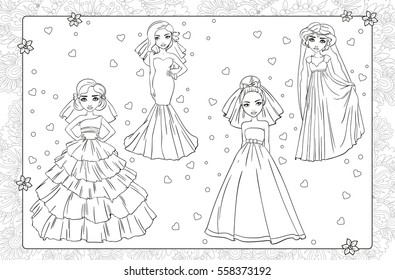 Vector coloring book of girls in different styles of wedding dresses standing 
