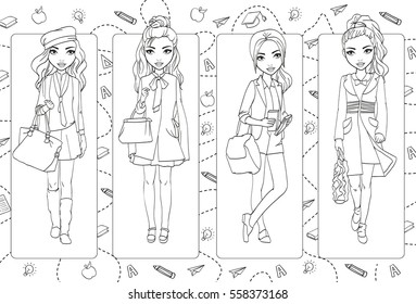 Vector coloring book of girls in fashionable school uniforms walking