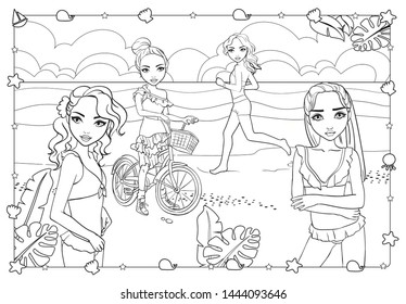 Vector coloring book of girls relax on beach