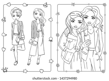 Vector coloring book of girls in stripes and denim jackets make selfie