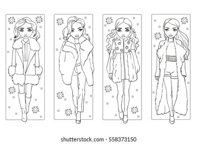 Vector coloring book of girls in warm winter fur clothes walking