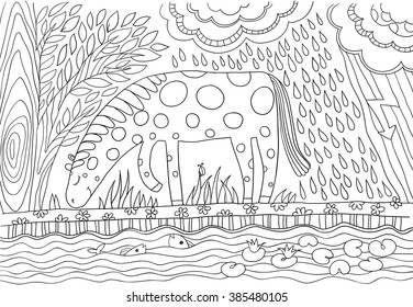 vector coloring book. horse on the meadow near the river. the sky in clouds with rain and lightning.