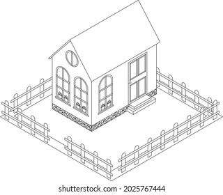 Vector coloring book house  in an isometry stele on a white isolated background. Illustration on the theme of architecture.