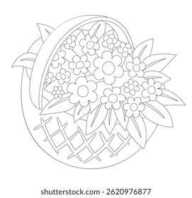 Vector coloring book illustration of a basket overflowing with flowers and leaves