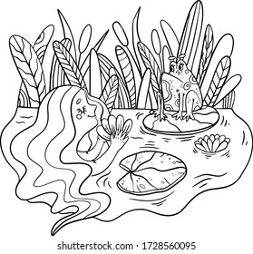 Ilustración del libro de coloreado vectorial. Sirenita en el agua. Sonriendo linda chica de cuento de hadas. Dibujo de esquema artístico. Carácter divertido. Garabatos de algas. Hermosa sirena. Caricatura. Carácter submarino.