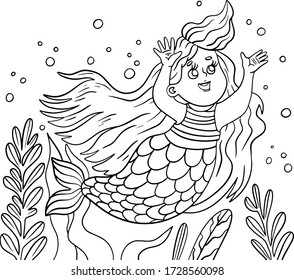 Vector coloring book illustration. Cute mermaid in the water. Smiling cute fairy tale girl. Outline sketch art. Funny character. Seaweeds doodles. Beautiful siren. Cartoon girl. Underwater character.