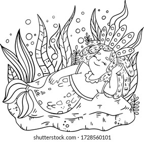 Vector coloring book illustration. Cute mermaid in the water. Smiling cute fairy tale girl. Outline sketch art. Funny character. Seaweeds doodles. Beautiful siren. Cartoon girl. Underwater character.