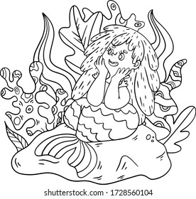 Ilustración del libro de coloreado vectorial. Sirenita en el agua. Sonriendo linda chica de cuento de hadas. Dibujo de esquema artístico. Carácter divertido. Garabatos de algas. Hermosa sirena. Caricatura. Carácter submarino.