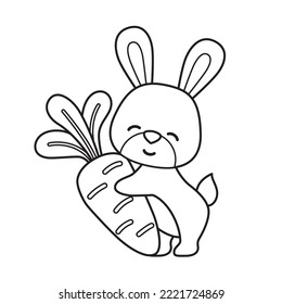 Vector coloring book illustration. Cute bunny with carrot in cartoon style