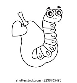 Vector coloring book illustration. Cute caterpillar on a pear in a cartoon style